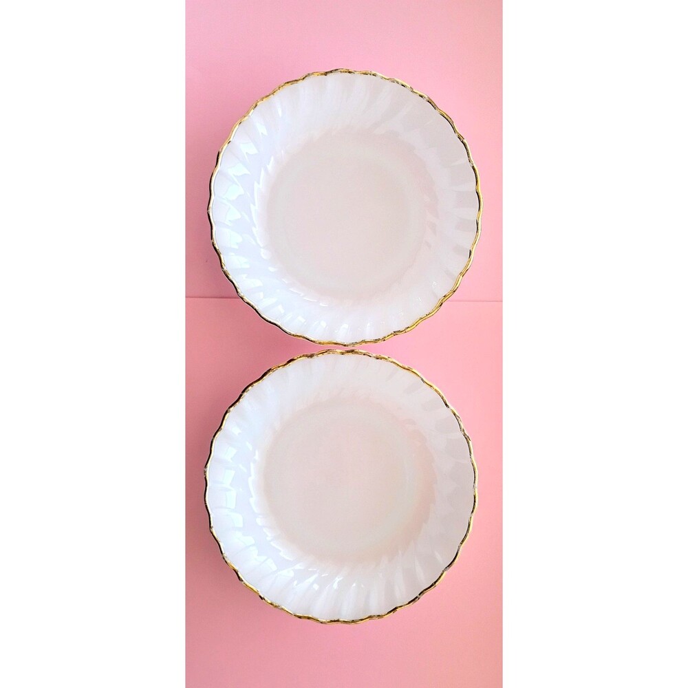 2 Anchor Hocking Fire King Milk Glass Swirl Bread Plates Gold Rim White 7 in.